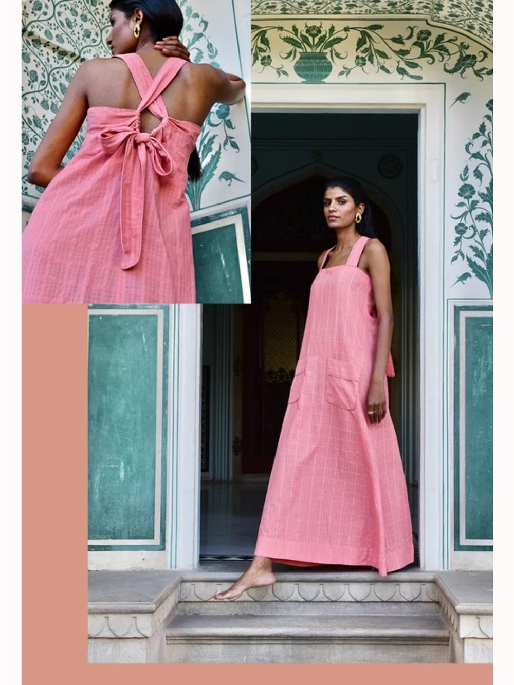MIRTH Women's Rose Pink 100%Cotton Maxi Dress with Cross-Back Tie size XS